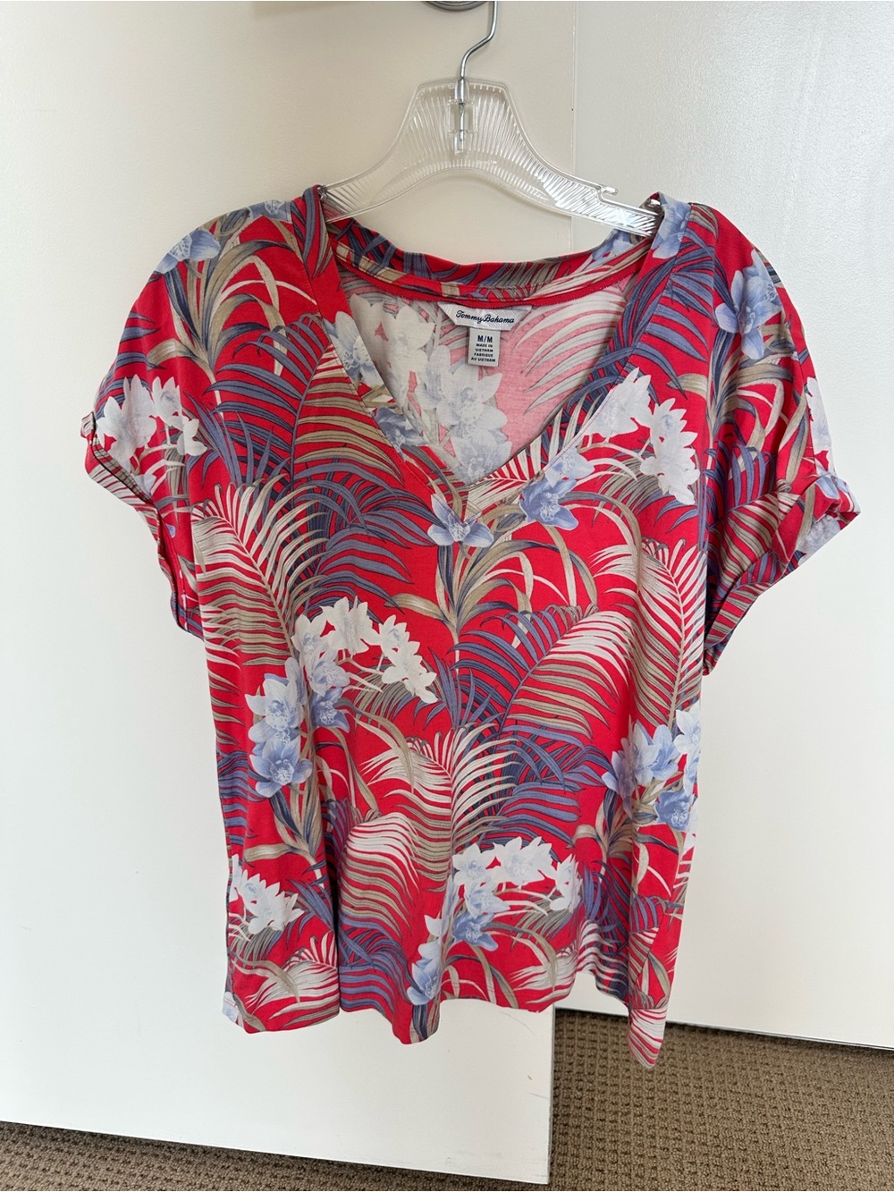 Tommy Bahama Red Tropical Palm & Floral V-Neck Short Sleeve Top